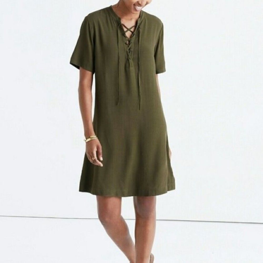 Madewell Novella Army Green Lace Up Front Shift Dress Size XS